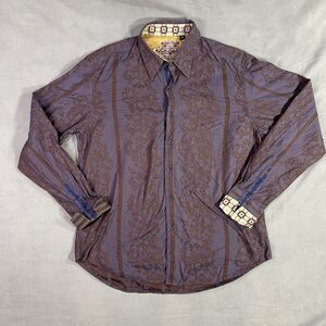 Robert Graham Floral Jacquard Men’s Size XL Flip Cuff Shirt Purple Embroidered